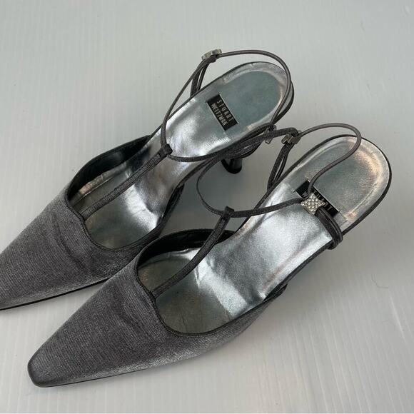 Stuart Weitzman t-strap pointy toe pumps heels silver embellished strap size 6.5 - Picture 2 of 10